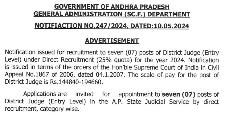 AP High Court District Judge Recruitment 2024: आंध्र प्रदेश उच्च न्यायालय में जिला न्यायाधीश भर्ती के लिए आवेदन