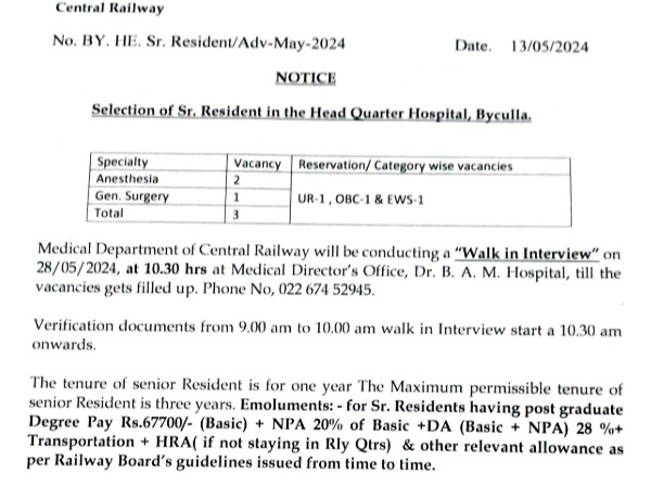 Central Railway Senior Resident Recruitment 2024 | सेंट्रल रेलवे सीनियर रेजिडेंट भर्ती 2024