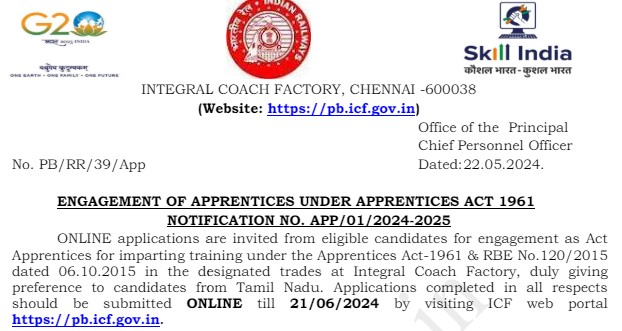 ICF Chennai Recruitment 2024 | आईसीएफ चेन्नई भर्ती 2024
