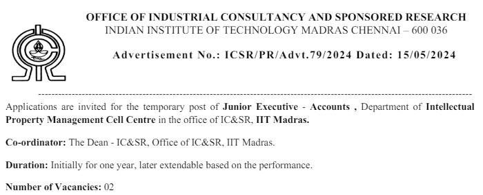 IIT Madras JE Recruitment 2024 |आईआईटी मद्रास जेई भर्ती 2024