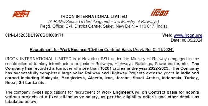 IRCON Work Engineer Recruitment 2024 | इरकॉन वर्क इंजीनियर भर्ती 2024