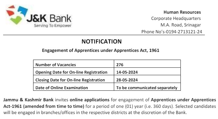 JK Bank Apprentice Recruitment