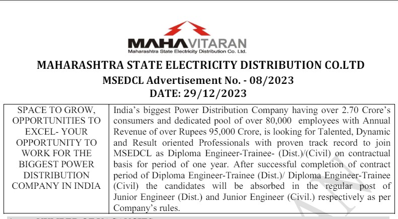 MSEDCL Diploma Engineer Recruitment 2024 : महाराष्ट्र राज्य विद्युत वितरण कंपनी लिमिटेड में इंजीनियर भर्ती के लिए आवेदन