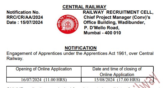 Railway Central Region Apprentice Recruitment 2024 | रेलवे सेंट्रल रीजन अपरेंटिस भर्ती 2024