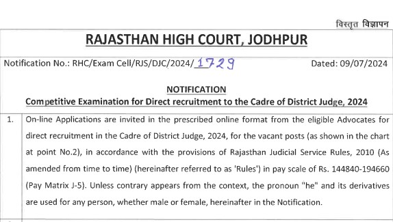 Rajasthan High Court District Judge Recruitment 2024 | राजस्थान उच्च न्यायालय जिला न्यायाधीश भर्ती 2024