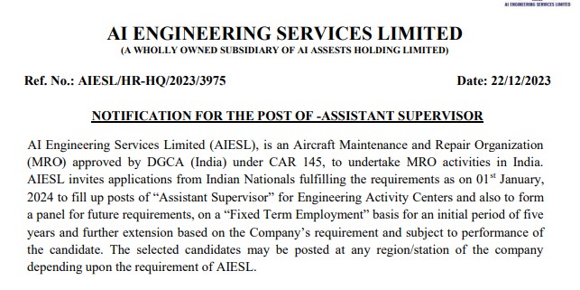 AIESL Assistant Supervisor Recruitment 2024 | एआईईएसएल सहायक पर्यवेक्षक भर्ती 2024