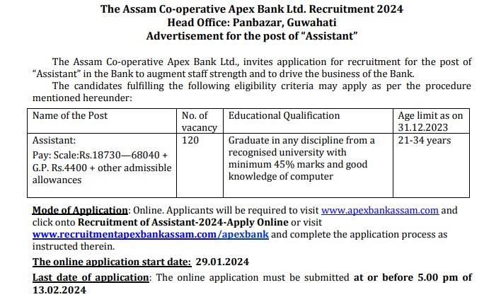Apex Bank Assam Recruitment 2024 | अपेक्स बैंक असम भर्ती 2024