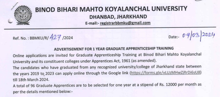 BBMKU Graduate Apprentice Recruitment 2024 | बीबीएमकेयू ग्रेजुएट अपरेंटिस भर्ती 2024