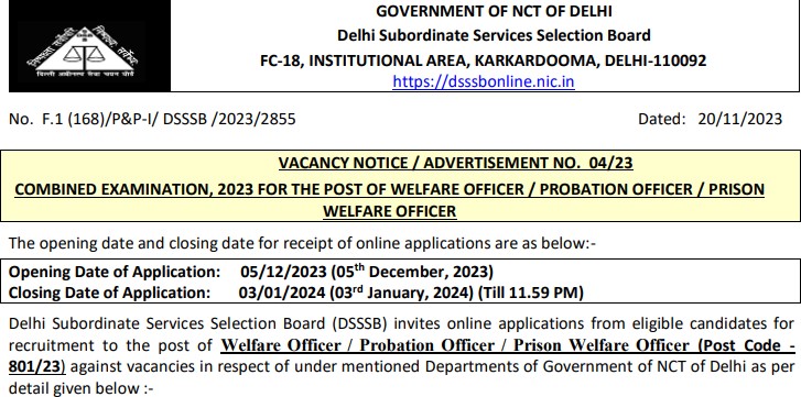 DSSSB Welfare Officer Recruitment 2024 | डीएसएसएसबी कल्याण अधिकारी भर्ती 2024