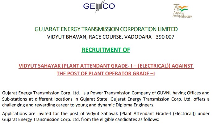 GETCO Vidyut Sahayak Recruitment 2024 | गेटको विद्युत सहायक भर्ती 2024