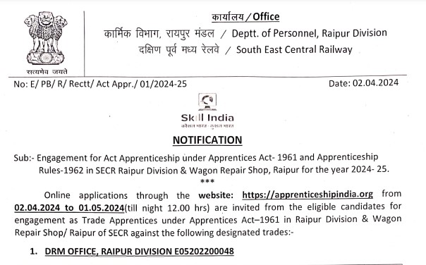 SECR Raipur Apprentice Recruitment 2024 | एसईसीआर रायपुर अपरेंटिस भर्ती 2024