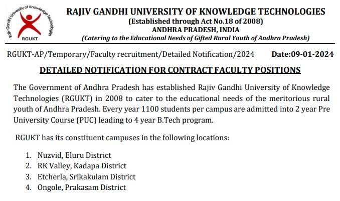 RGUKT Assistant Professor Recruitment 2024 | आरजीयूकेटी सहायक प्रोफेसर भर्ती 2024