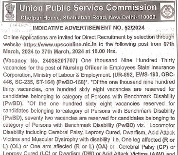 UPSC Nursing Officer Recruitment 2024 | यूपीएससी नर्सिंग ऑफिसर भर्ती 2024