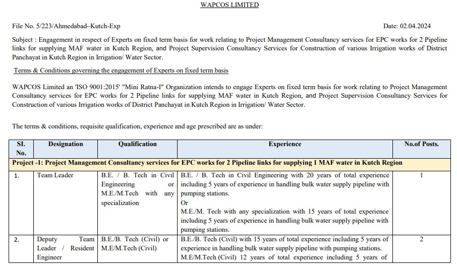 WAPCOS Ltd Recruitment 2024 | वैपकोस लिमिटेड भर्ती 2024